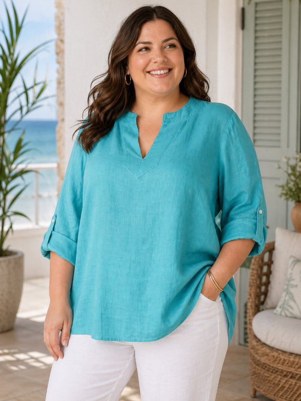 Lauren Ralph Lauren 100% Linen Top Split Neck Roll Sleeve Shirt Plus Size 1X